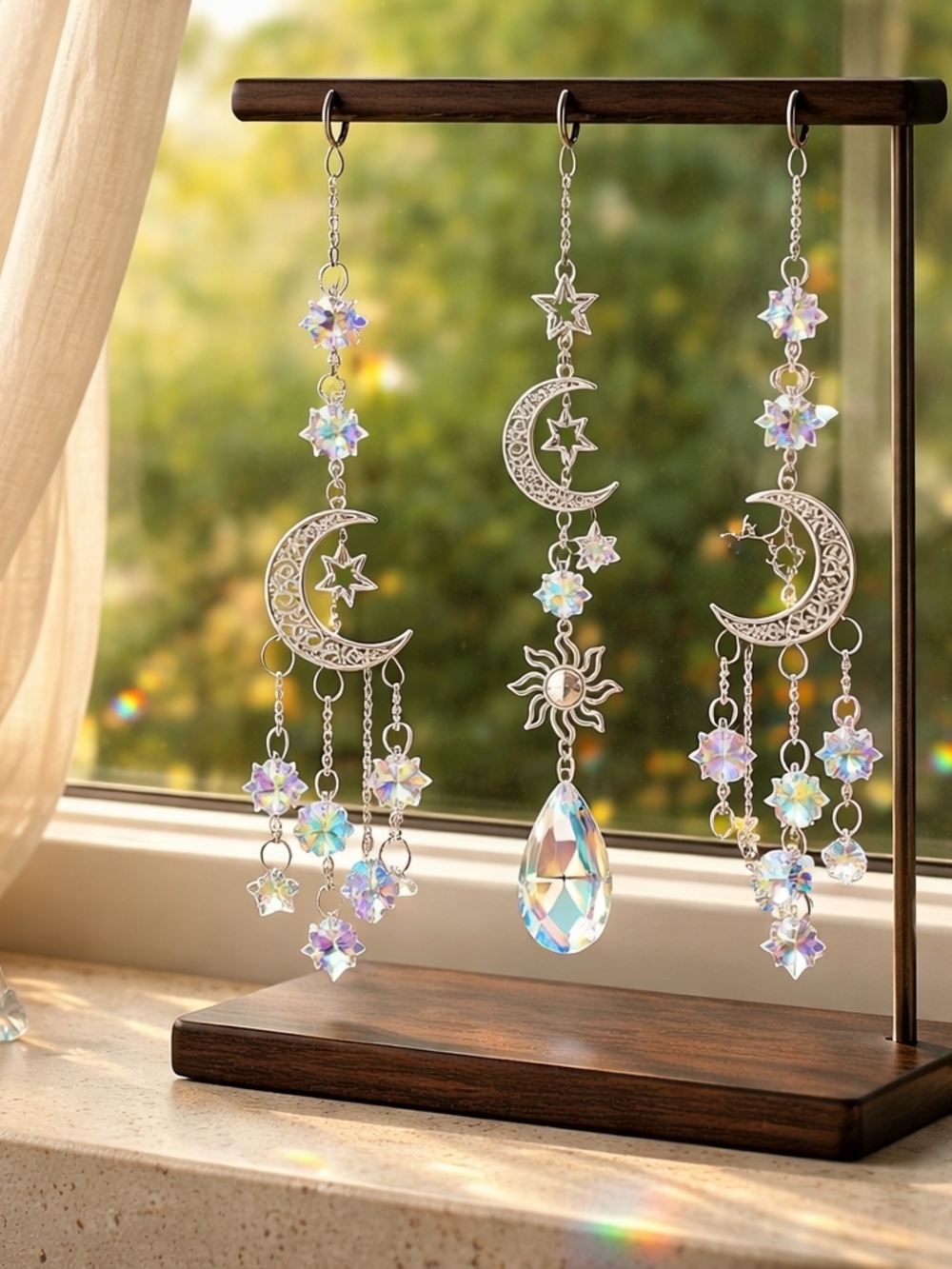 Source Unknown Silver Moon & Star Crystal Suncatchers